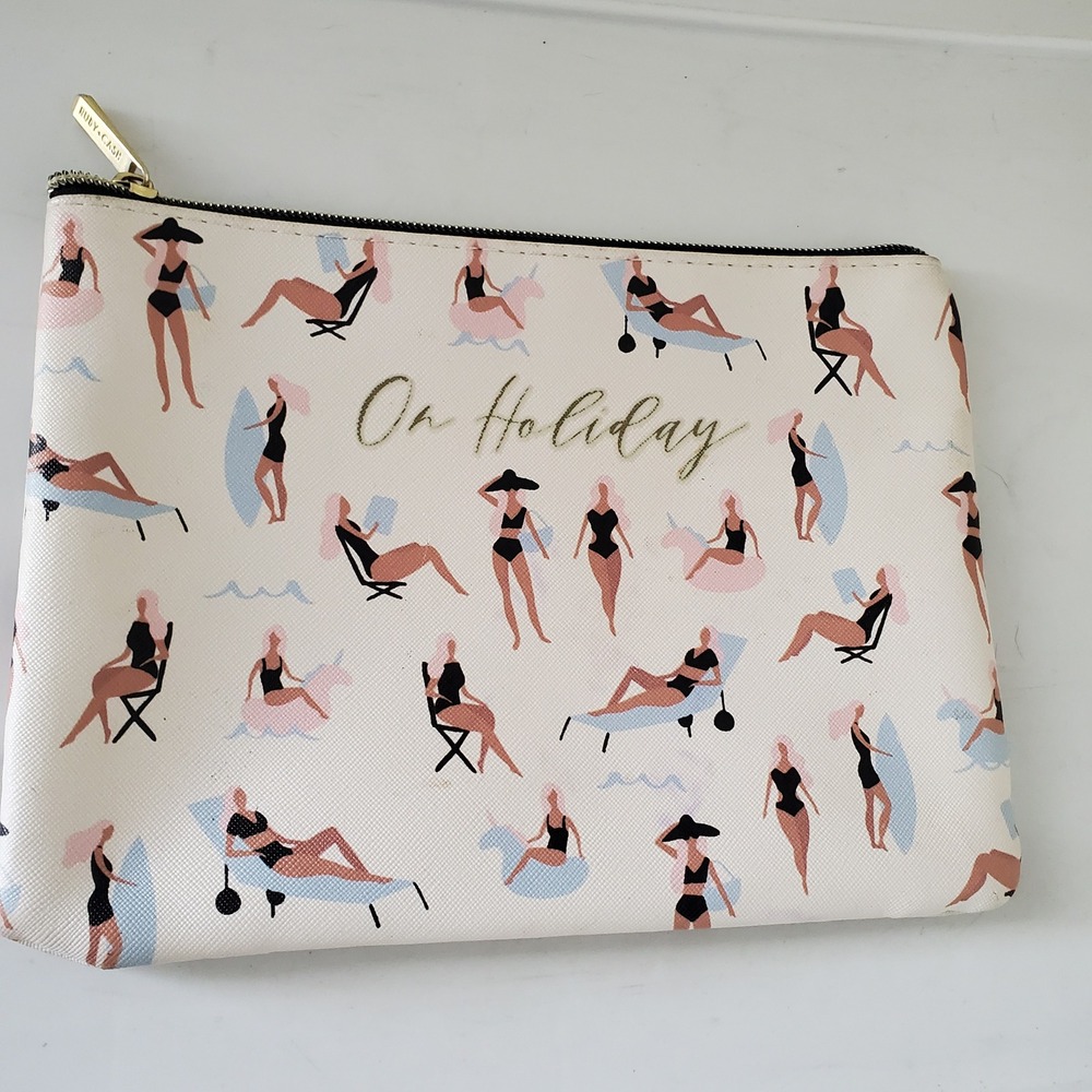 Ruby + Cash On Holiday Beach Print Makeup Bag Pouch Cream Gold Zipper